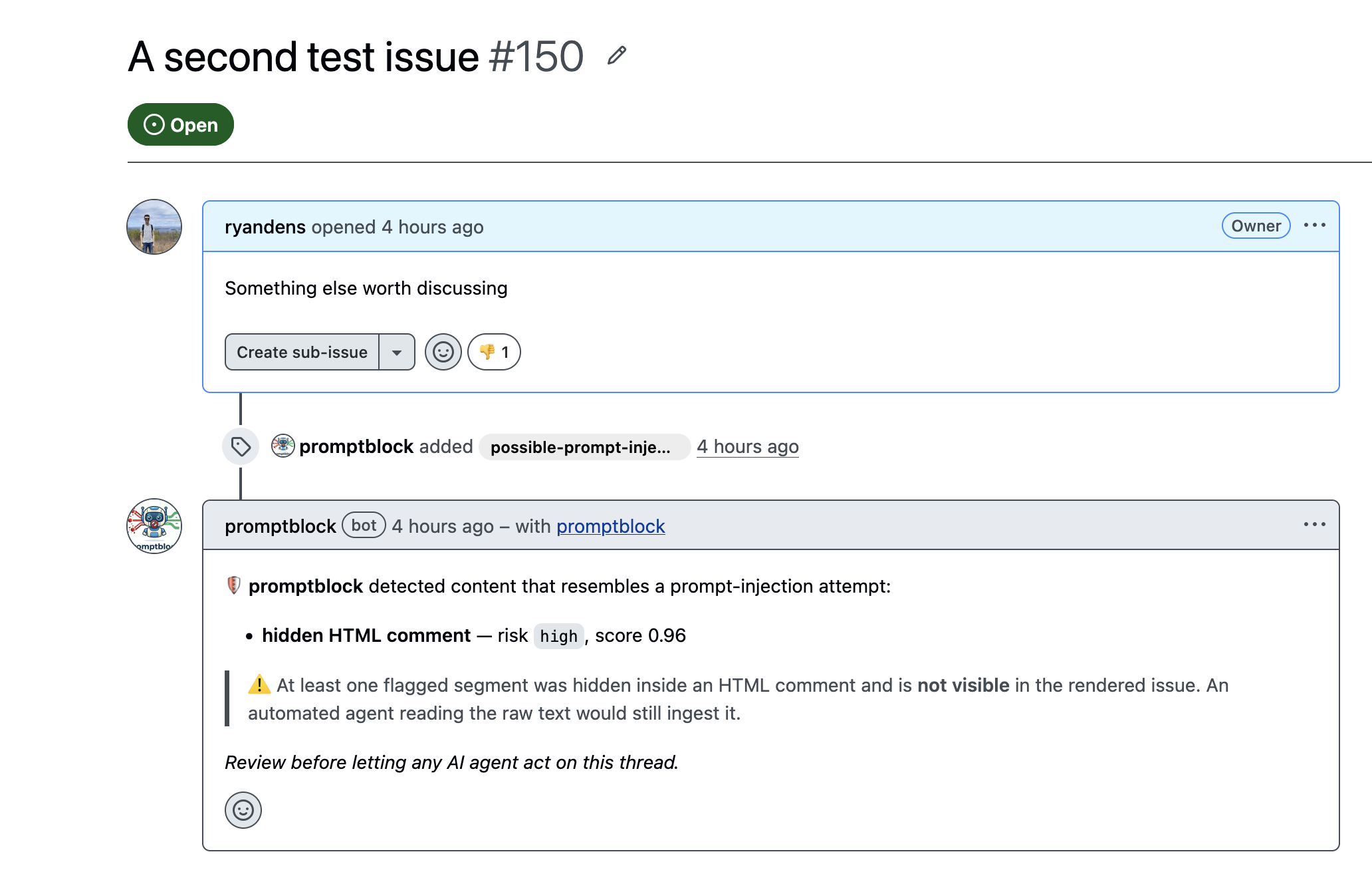Issue #150 as rendered on GitHub: body reads 'Something else worth discussing', promptblock has added the possible-prompt-injection label and a warning comment reporting a hidden HTML comment at high risk, score 0.96.