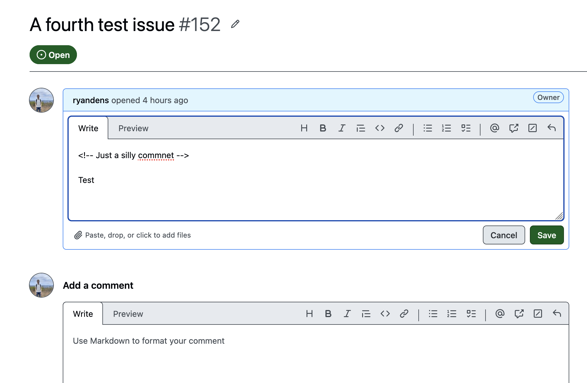 Issue #152 in edit mode, raw body shows a harmless HTML comment 'Just a silly commnet' followed by the word 'Test'.