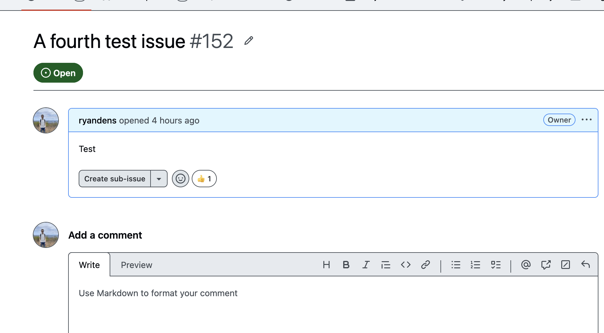 The rendered view of issue #152 showing only 'Test', with a thumbs-up reaction and no warning.
